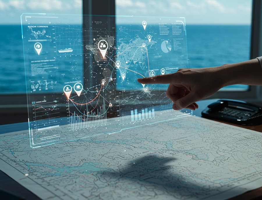 ホログラフィック風のデータ可視化インターフェースを指差している手