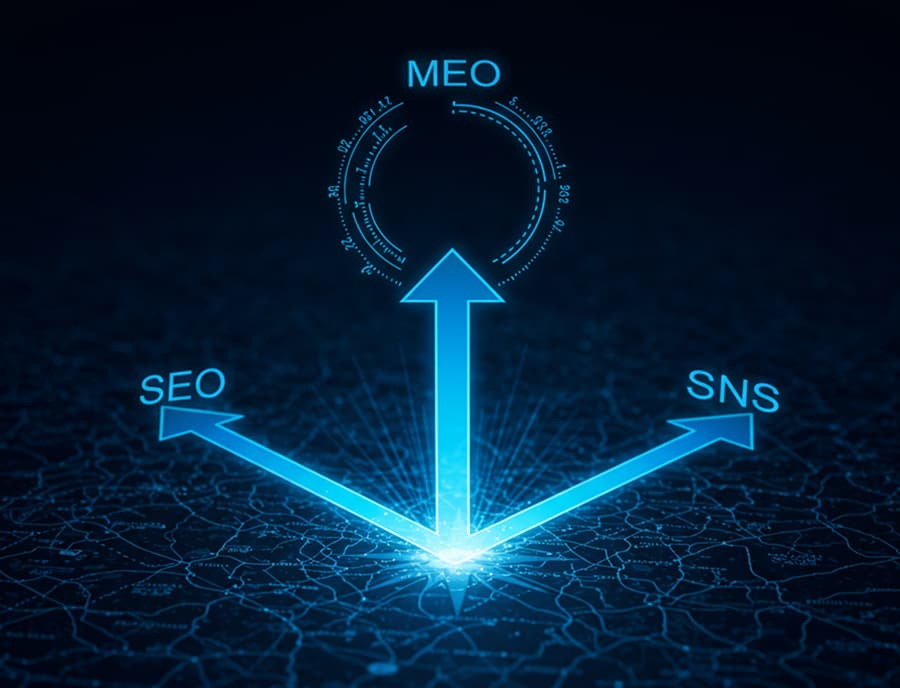 MEO、SEO、SNSの3つの矢印が中心から放射状に伸びるデジタルマーケティング概念図