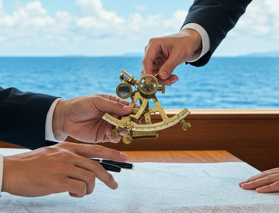 海上で六分儀を使って航海図上で位置を確認するビジネスマンの手