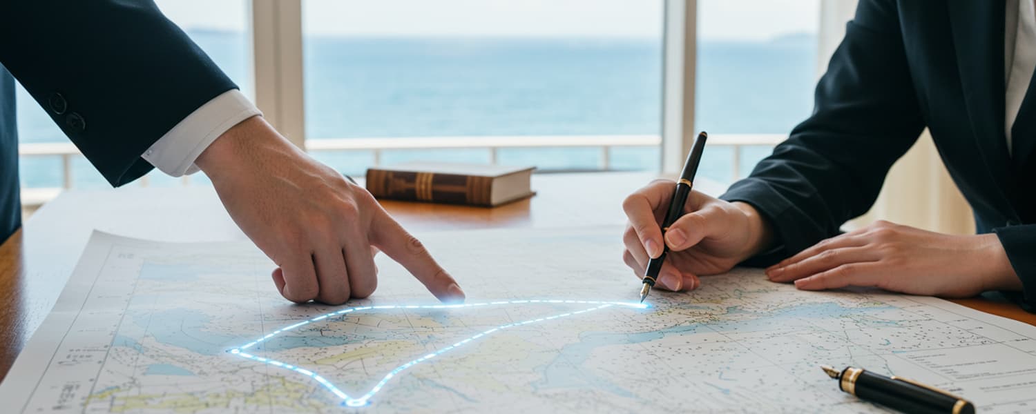 地図上で地域エリアを指し示しながら戦略を立てるビジネスパーソン