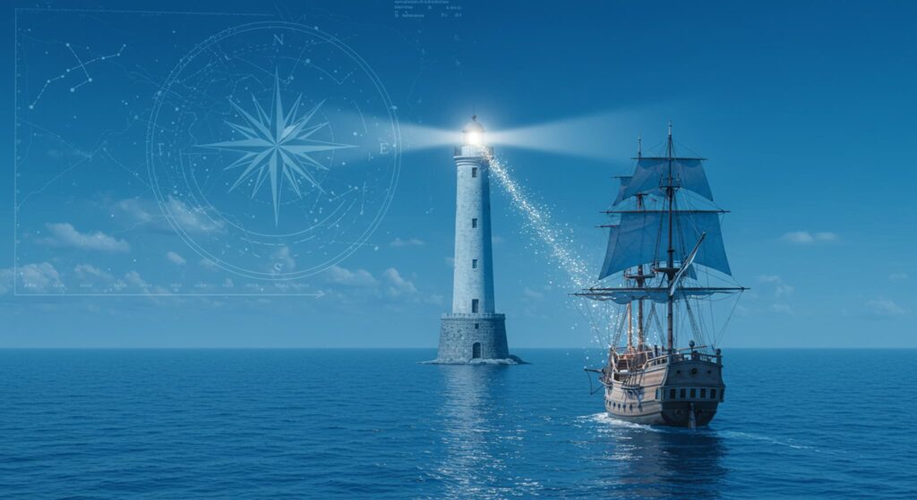 旅を終えて灯台の元に帰還する船