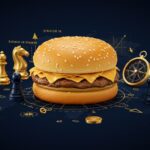 戦略と戦術の違いを表現したビジネスコンセプト画像。ハンバーガーとチェス、コンパスで戦略的思考を象徴