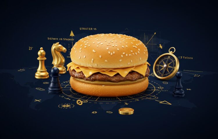 戦略と戦術の違いを表現したビジネスコンセプト画像。ハンバーガーとチェス、コンパスで戦略的思考を象徴