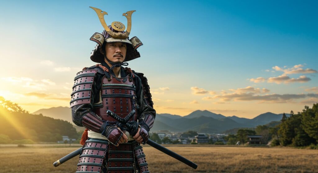 戦国時代の武将が刀を構える姿。ビジネス戦略と戦術を学ぶための歴史的事例を表現