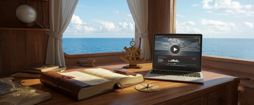 オーシャンビューの窓辺に置かれたノートパソコンでYouTube動画を編集する様子、開いた日記帳とペン、六分儀とコンパスが並ぶ木製デスク