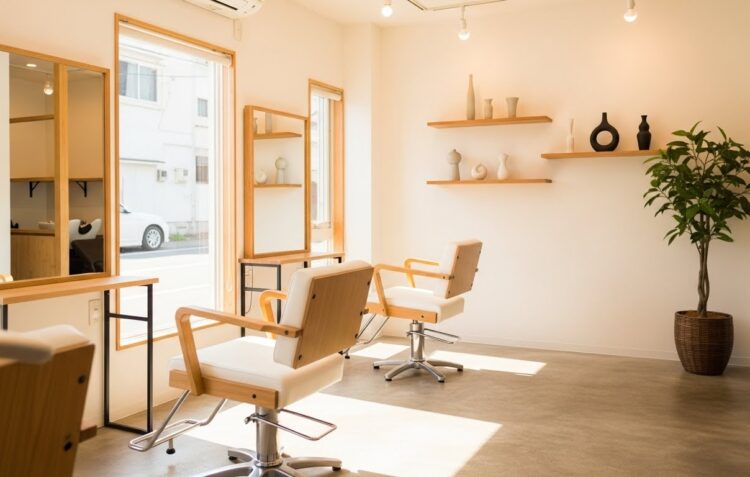 住宅街に開業した個人経営の美容室。温かみのあるナチュラルな内装で顧客を待つ、静かで落ち着いた雰囲気の店内