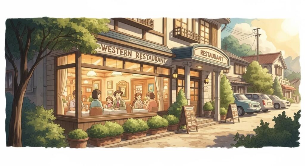 夕暮れ時に賑わう洋食店すこやかの外観イラスト - 3C分析による戦略的成功の象徴