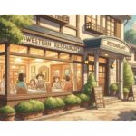 夕暮れ時に賑わう洋食店すこやかの外観イラスト - 3C分析による戦略的成功の象徴