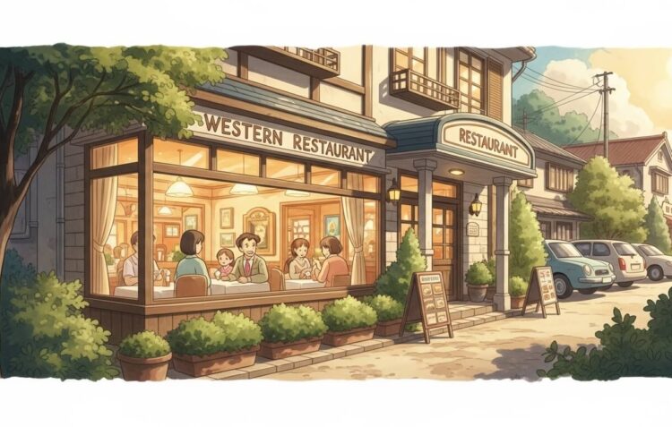 夕暮れ時に賑わう洋食店すこやかの外観イラスト - 3C分析による戦略的成功の象徴
