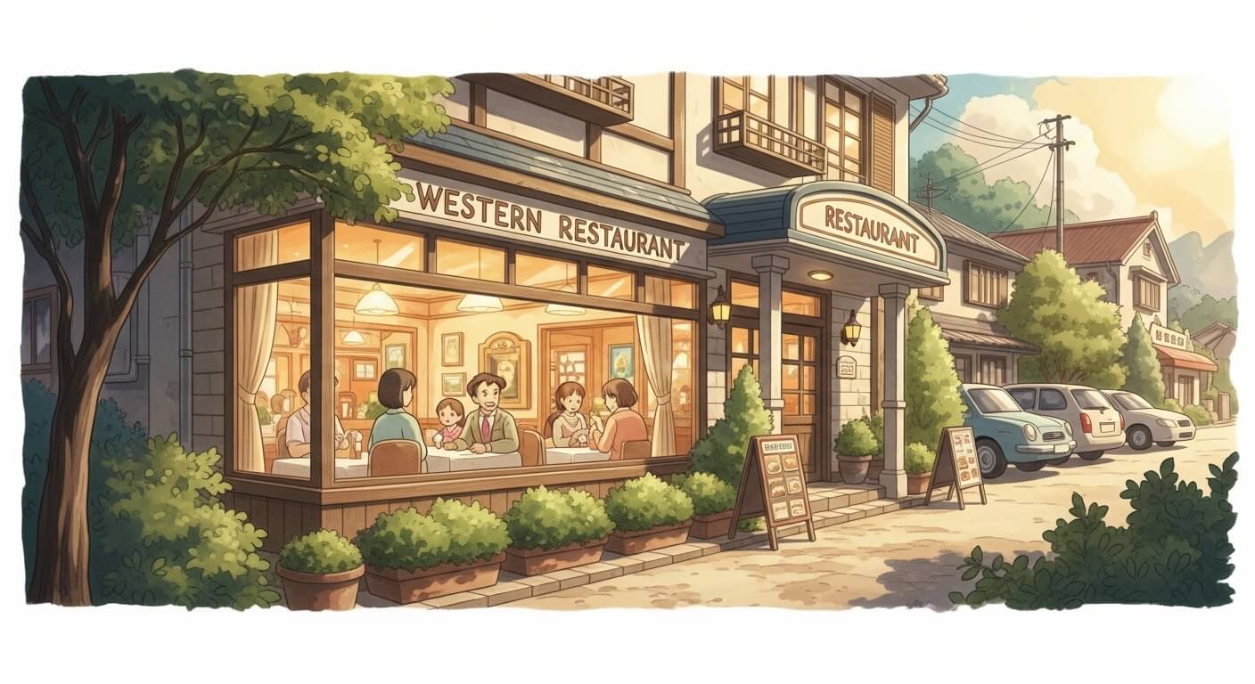 夕暮れ時に賑わう洋食店すこやかの外観イラスト - 3C分析による戦略的成功の象徴
