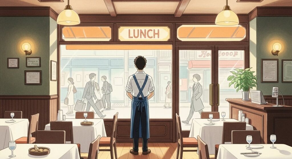 空席の目立つ店内で悩む洋食店オーナーの姿 - 3C分析前の苦戦時期