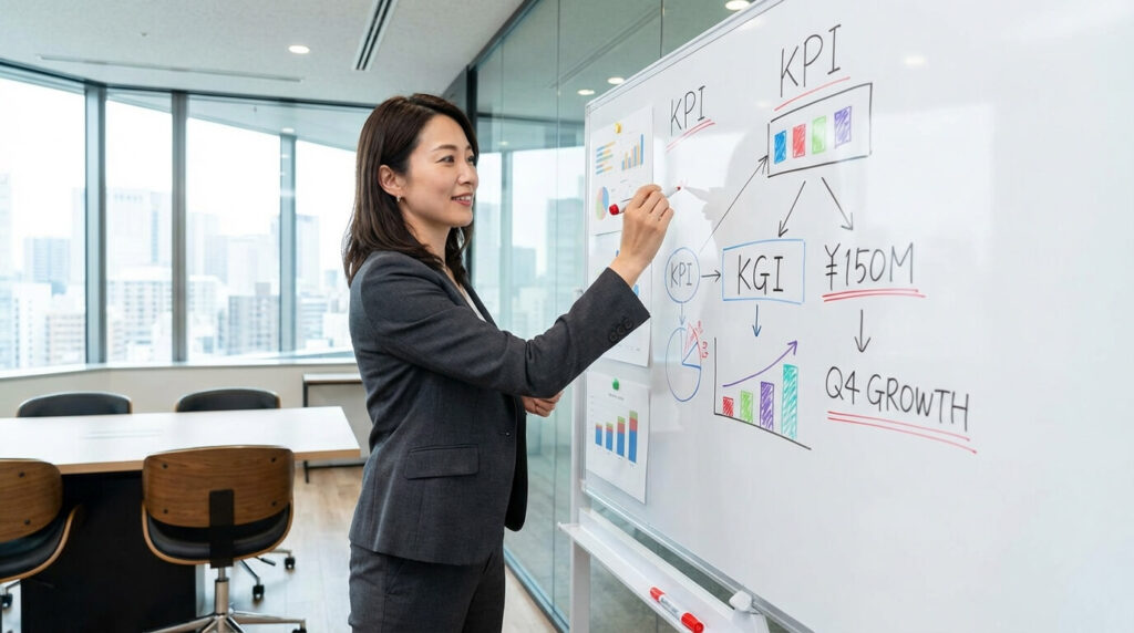 KPI、KGIをホワイトボードに書いている女性ビジネスマン