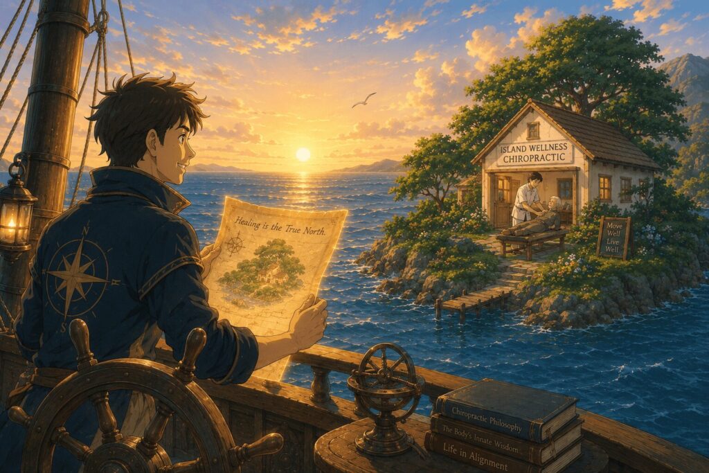 帆船の航海士が整体院のある島を目指すアニメ調イラスト。戦略と整体の伴走支援をイメージしたアイキャッチ。