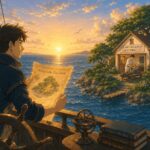 帆船の航海士が整体院のある島を目指すアニメ調イラスト。戦略と整体の伴走支援をイメージしたアイキャッチ。