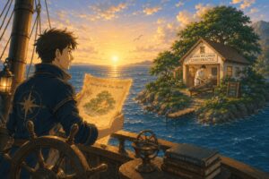 帆船の航海士が整体院のある島を目指すアニメ調イラスト。戦略と整体の伴走支援をイメージしたアイキャッチ。