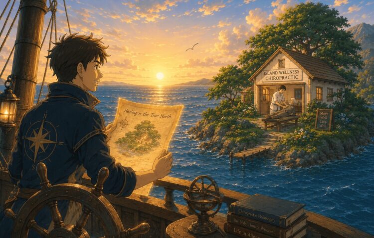 帆船の航海士が整体院のある島を目指すアニメ調イラスト。戦略と整体の伴走支援をイメージしたアイキャッチ。