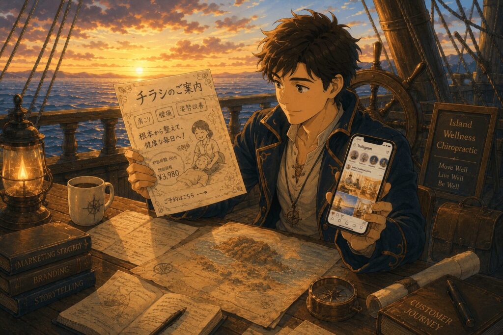 帆船の甲板で手書きのチラシとインスタグラム画面のスマートフォンを手に持ち、悩む若い航海士のアニメ調イラスト。チラシとSNS運用に課題を抱える整体師のご相談内容をイメージしたセクション画像。