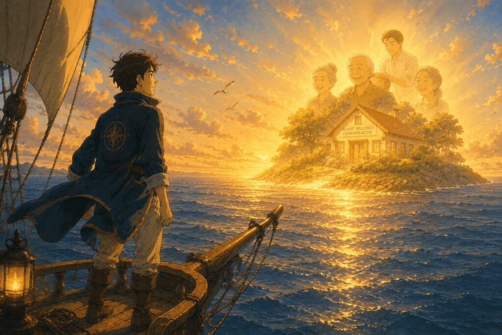 帆船の船首に立ち、光り輝く遠くの島を見つめる若い航海士のアニメ調イラスト。整体院と笑顔の患者が見える島は、整体師が目指すべき将来のビジョンを象徴している。